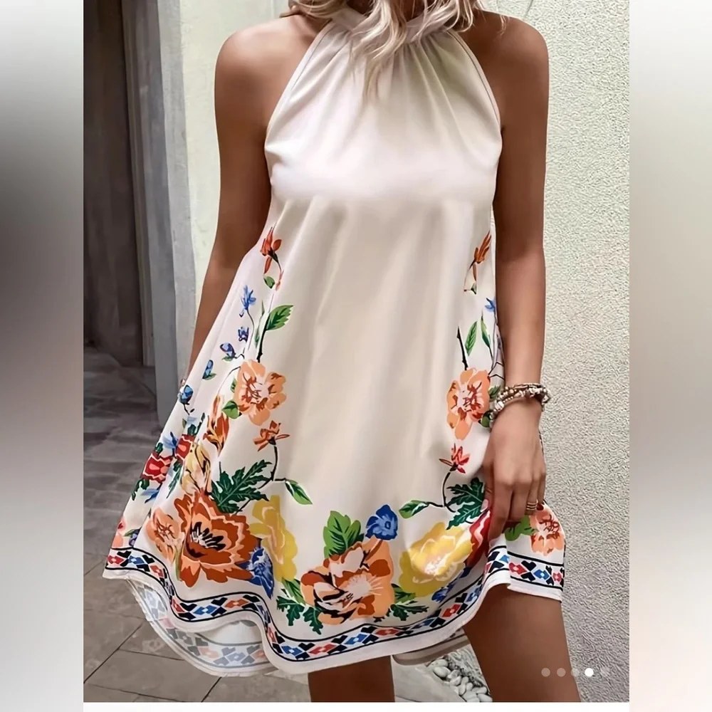 Floral Print Ruched Dress, Elegant Sleeveless Keyhole Summer Dress - Picture 3 of 5